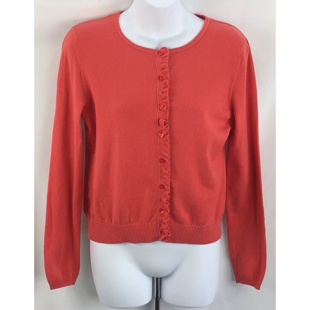 Ann Taylor Loft Cardigan Sweater S Orange Button Crochet Ruffles Cottage Preppy